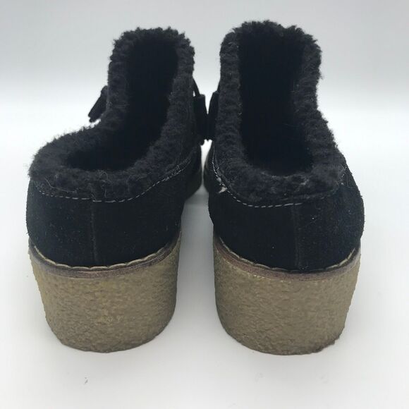 Lands' End Black Suede Faux Fur Lined Clogs Women 7.5 Tasseled Crepe Wedge Shoe - Picture 4 of 10